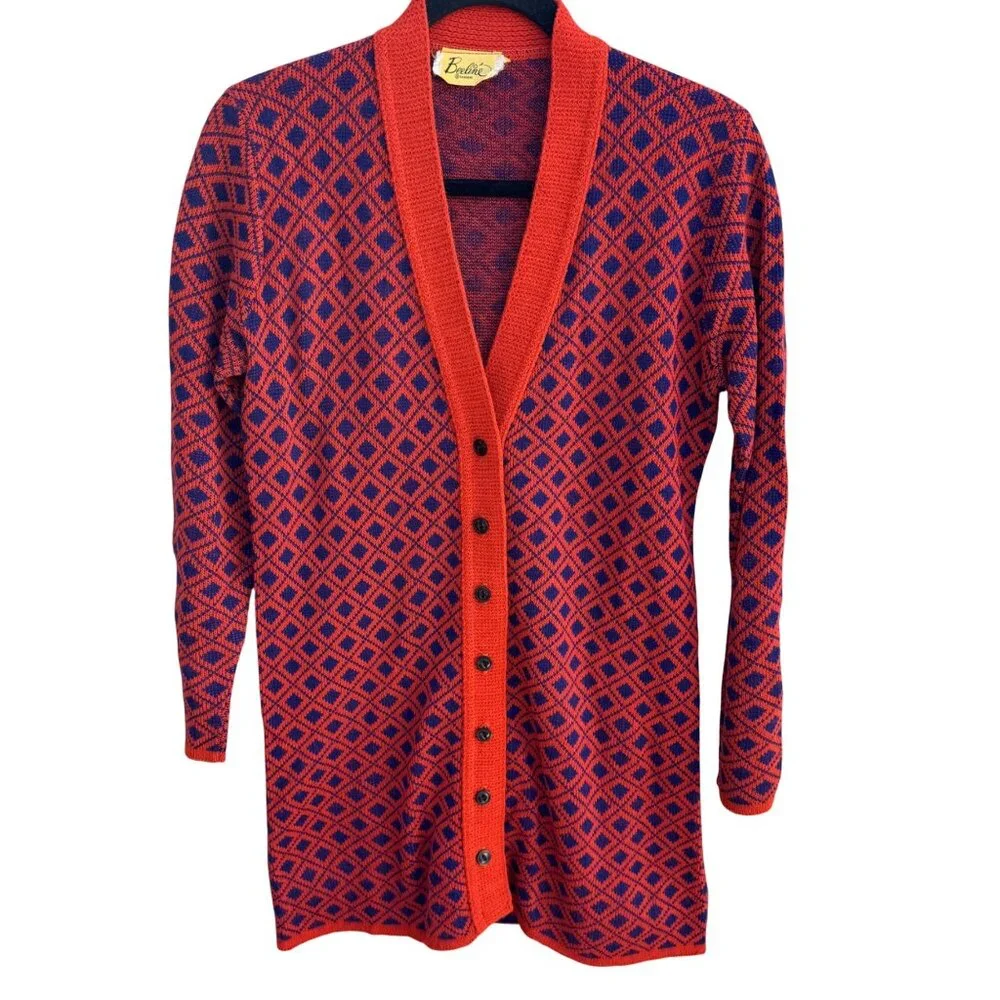 Beeline Vintage 60s 70s Mod Geometric Diamond Knit Cardigan Sweater M Rockabilly